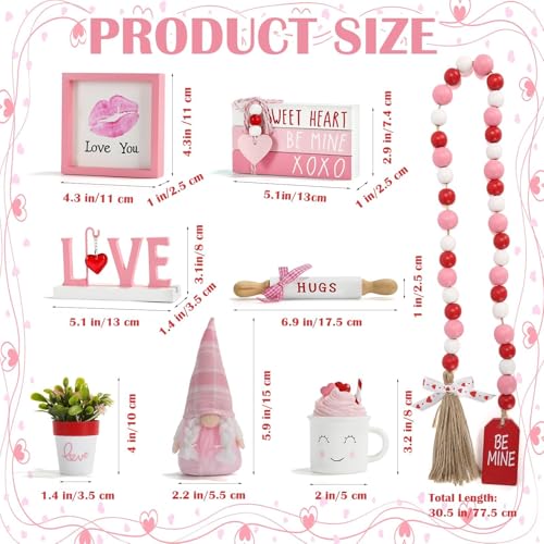 Pink Valentine's Day Tiered Tray Decor Set - 8 Pieces, Farmhouse Style, Includes Gnome & Heart Accents - Pink Valentine