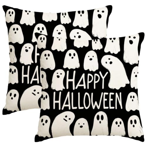 Halloween Ghost Pillow Covers 18x18 Set of 2 Black White Ghost Decor - Variation: Black / 18" x 18"