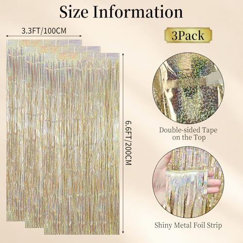 Glitter Champagne Gold Foil Fringe Backdrop Curtains - 3 Pack, Party Decorations