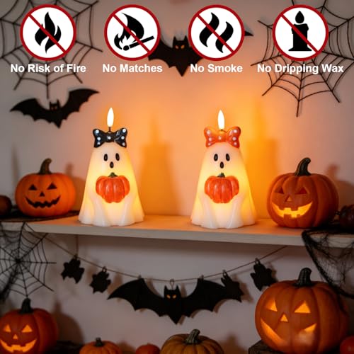 Halloween Ghost Flameless Candles with 6H Timer Hand-Painted Bows - B-2 Ghost Bows