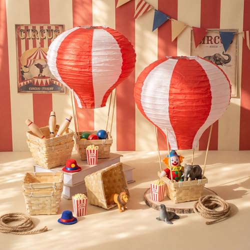 Hot Air Balloon Table Centerpieces Set - Red and White, 8 Pieces with Baskets & DIY Decor