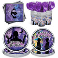Halloween Birthday Party Supplies Set - Purple Paper Plates Napkins Cups Cutlery for Kids 24 People - Variation of Birthday