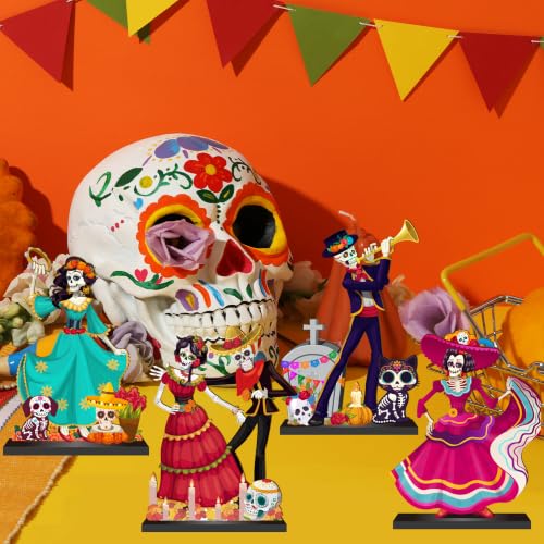 8Pcs Dia De Los Muertos Wooden Table Sign Decorations for Day of the Dead