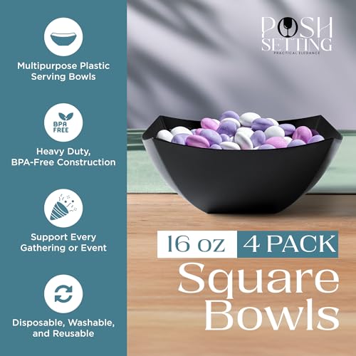 16oz Black Plastic Serving Bowls - Pack of 4, Square Disposable Party Dishware