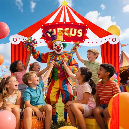 Carnival Party Decorations Set with Circus Tent Awning and Red White Banners