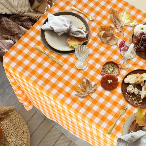 Orange Checkered Plastic Tablecloth Roll - 54x300 Ft Waterproof Disposable with Easy Cut for Outdoor & Party Use - Classic Variation