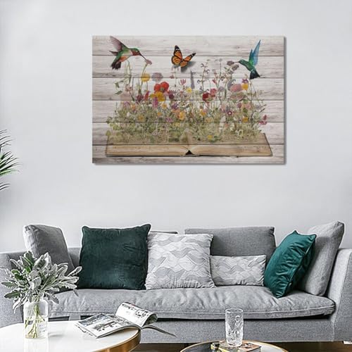 Rustic Hummingbird Wall Art Canvas Print - Farmhouse Flower Butterfly Decor, 24x16 Inches, Framed