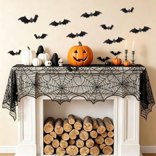 Halloween Table Runner with Black Lace Spider Web and 3D Bats - Festive Dining Decor