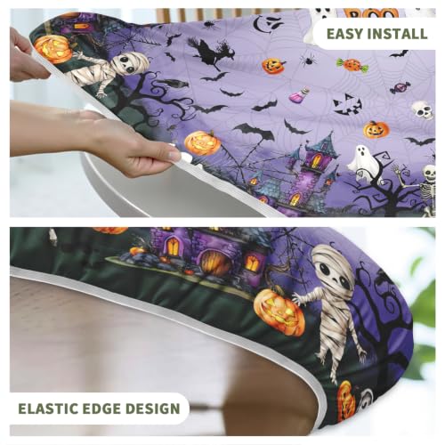 Halloween Round Fitted Tablecloth with Elastic - Purple, 40-44 Inch, Reusable