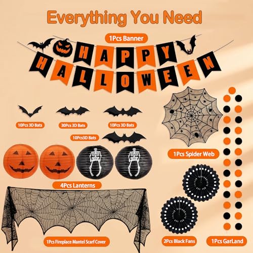 Halloween Indoor Decorations Set - Spooky Banners, Bat Stickers & Lanterns