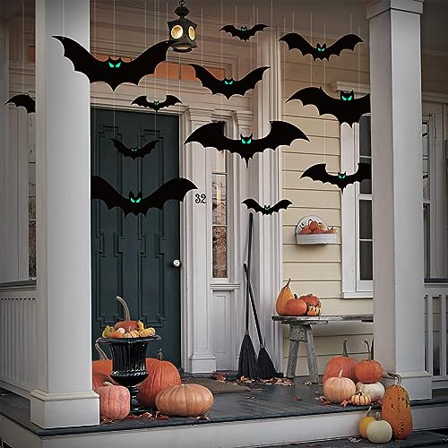 Halloween Hanging Bat Decorations Set - Waterproof Outdoor Flying Bats with Glowing Eyes, 16 Pack