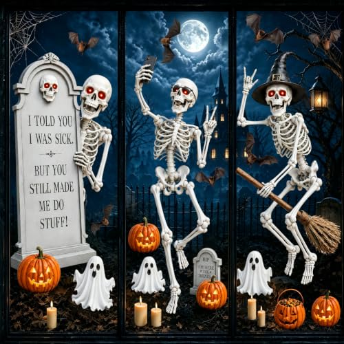 Halloween Window Clings - Extra Large Skeleton Decals for Indoor & Outdoor Glass, Reusable Party Decorations