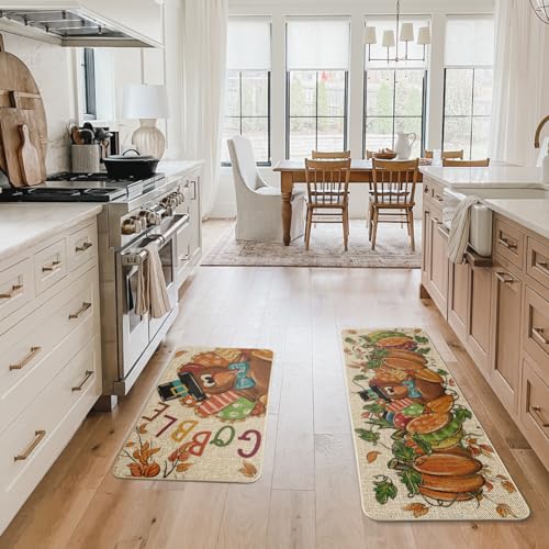 Set of 2 Thanksgiving Kitchen Rugs - Turkey Pumpkin Maple Leaves Floor Mats