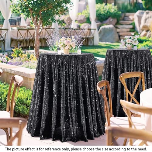 Black Sequin Round Tablecloth 90 Inch - Sparkling Party Decor, QueenDream