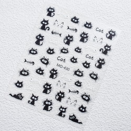 Black Cat Nail Stickers for Nail Art 5D Embossed Decals - Fish Skeleton Design, 3 Pieces