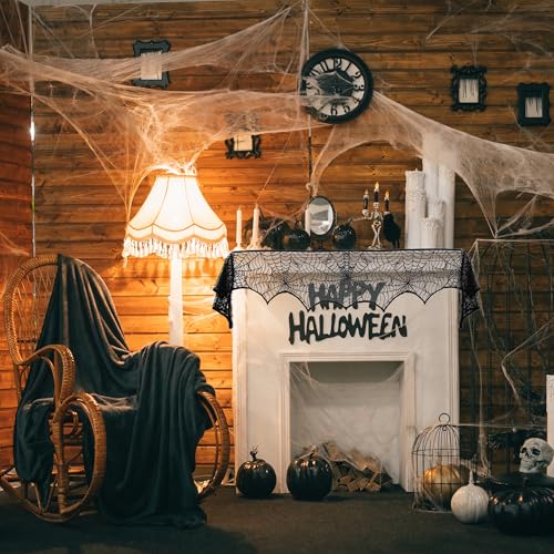 Halloween Mantel Scarf Black Lace Spiderweb for Fireplace Decor - 18x96 Inch - Black