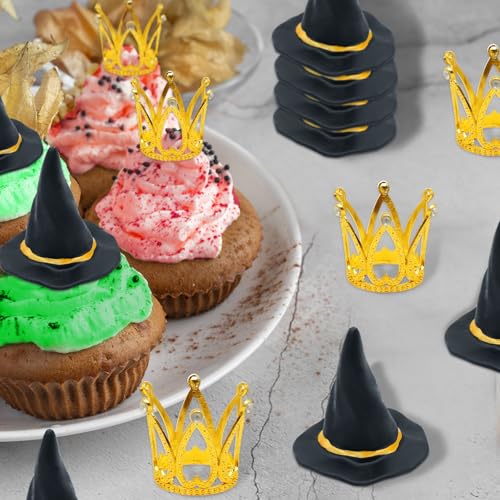 Witch Hat and Crown Cake Toppers Set - Halloween Party & Birthday Decoration