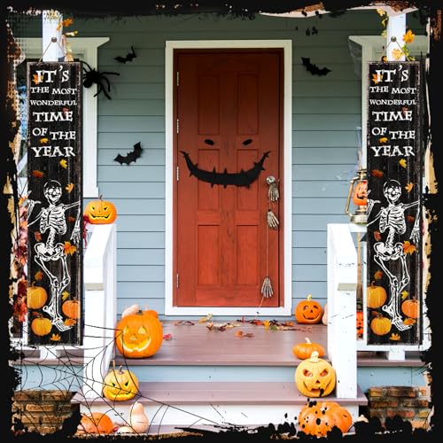 Halloween Skeleton Porch Sign - 41.7 Inch Wooden Yard Door Decor