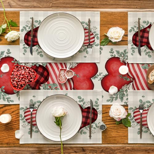 Rectangular Buffalo Plaid Eucalyptus Hearts Valentine Placemats Set of 4 - 12x18 Inch Holiday Table Decor