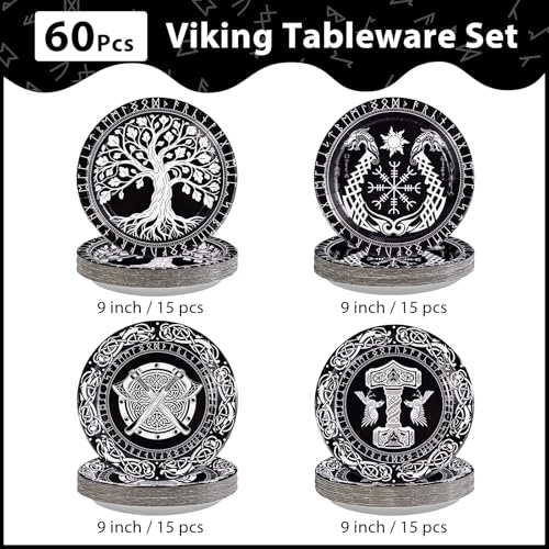 Viking Theme Paper Plates 9-Inch Black & White Set with Tree of Life - Variation of Viking Warrior Theme Round Plates