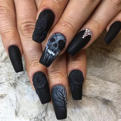 Halloween Coffin Press On Nails Medium Fake Nails 3D Rose Skull Matte Black with Colorful Variation