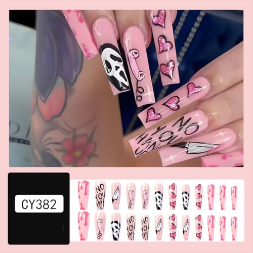 Halloween Fake Nails Long Coffin Pink False Nails with Ghost & Heart Designs Style-5 - 24 pcs
