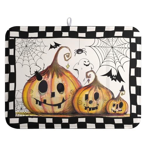 Halloween Dish Drying Mat - 18x24 Inch Pumpkin Ghost Bat Web Microfiber Drainer - Spooky Kitchen Counter Protector - Variation of THIS listing
