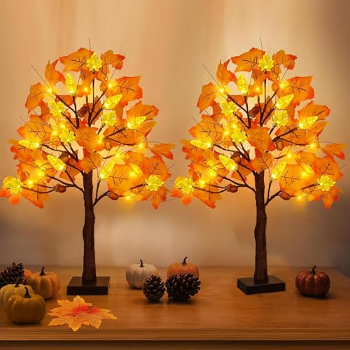 Classic Style 3 2 Pack 24-Inch Prelit Fall Maple Trees with LED Lights & Decorations