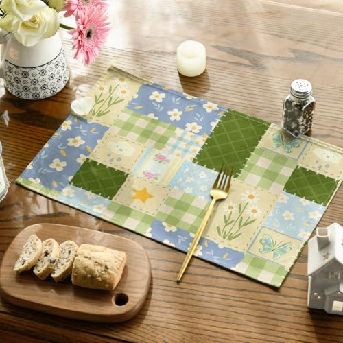Patchwork Buffalo Plaid Floral Placemats Set of 4 - Seasonal Summer Table Decor