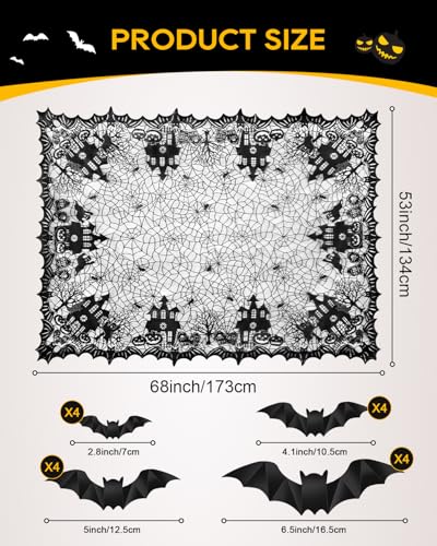 Black Lace Halloween Tablecloth 53x68 Inches with Bat Wall Stickers - Gothic Decor