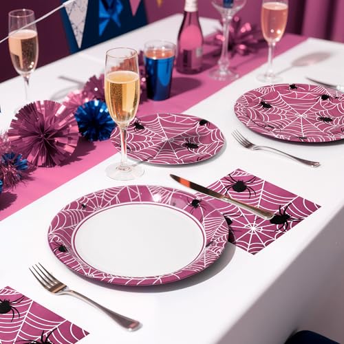 Pink Halloween Party Decorations Set - Spiderweb Plates & Napkins, 75 Pcs - Variation of Pink