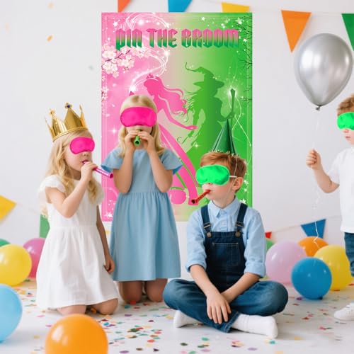 Pink Witch Party Poster Game with Reusable Broom Stickers - Kids Halloween Birthday Decorations