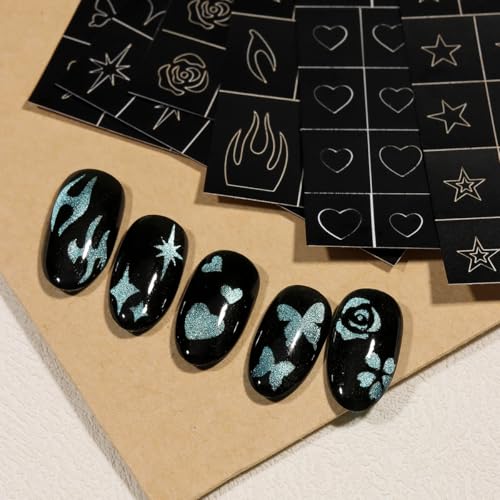 Black Airbrush Stencil Nail Art Stickers - 6 Sheets, 190 Patterns