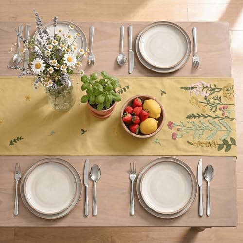 Light Camel Floral Embroidery Table Runner 13x72 Inch for Kitchen Dining - Spring Summer Home Decor