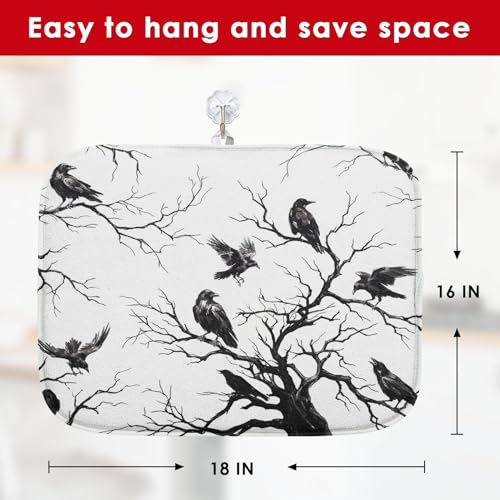 Sanwarm Absorbent Dish Drying Mat for Kitchen - Halloween Black Crow 16x18 Inches