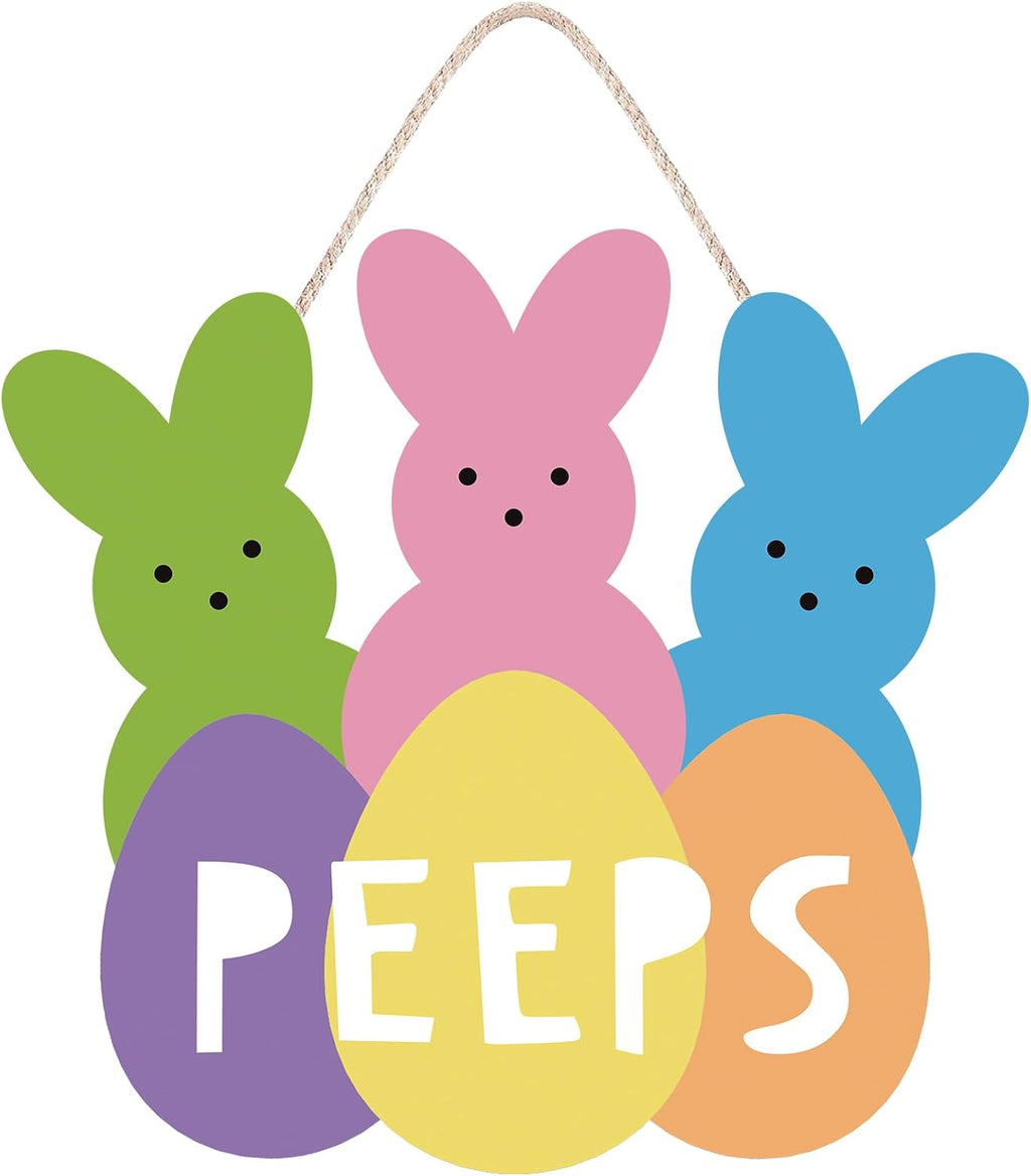 Welcome Peeps Easter Wreath - Cute Bunny Wood Hanging Sign for Farmhouse Door Decor