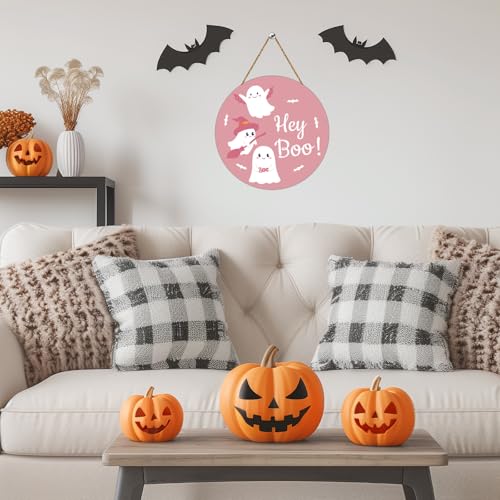 Pink Halloween Door Wreath with Ghost and Bat Decorations, Festive Wall Decor