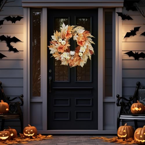 22-Inch Halloween Skull Wreath with Lights for Front Door & Indoor Decor