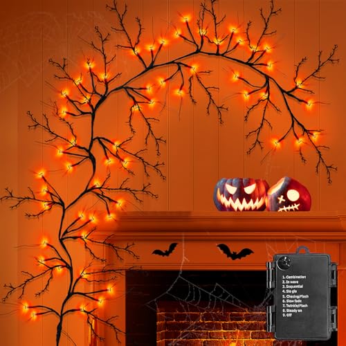 6 FT Halloween Willow Vine Garland with 54 LED Orange Lights & 8 Modes