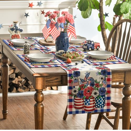 Buffalo Plaid Holiday Table Mats Set of 4 - 12x18 Inch Rectangular Placemats, Blue and Red