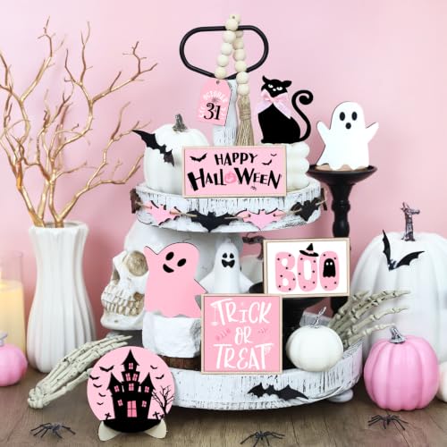 Pink Halloween Tiered Tray Decor Set - Indoor Wooden Signs with Ghost Bat Pumpkin Centerpieces