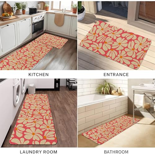 Pink Daisy Floral Kitchen Rugs Set - Non-Slip Indoor Mats for Kitchen & Home Decor, 2-Piece