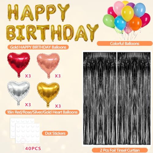 Black Birthday Party Decorations Kit with Foil Banner & Balloons - Includes Tinsel Curtains & Heart Balloons