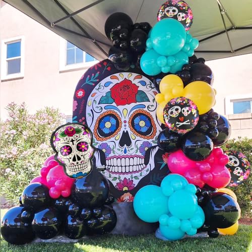Day of the Dead Balloon Arch Kit with Skull Foil Balloons - Black, Blue, Red, Yellow