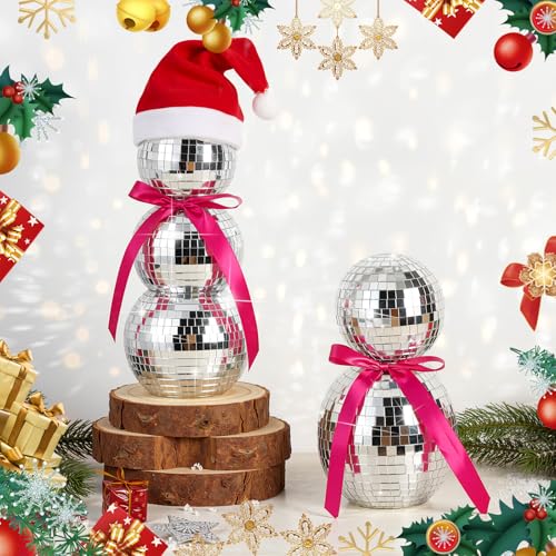 Disco Snowman Decor Set - 8.5 Inch & 6.7 Inch Glitter Mirror Ornaments for Winter & Holiday Parties