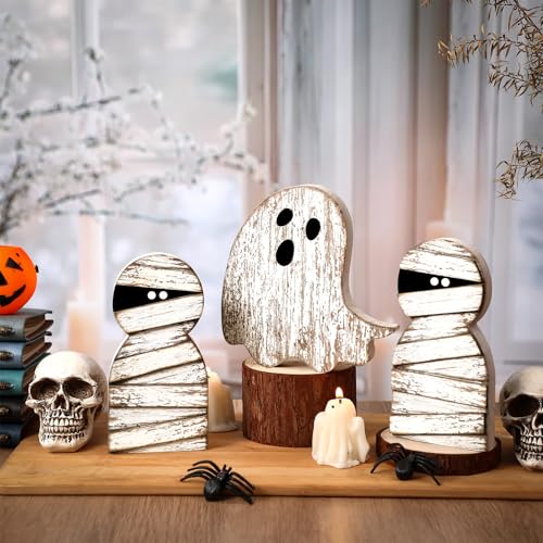 Halloween Mummy and Ghost Wooden Signs Decor Set - Spooky 3D Table Decorations
