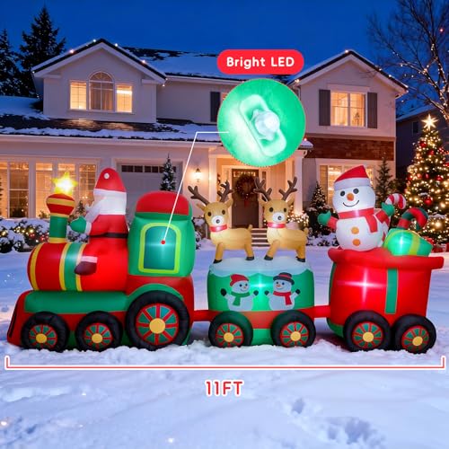 11 FT Christmas Inflatable Train with Santa Reindeer Snowman Outdoor Decorations
