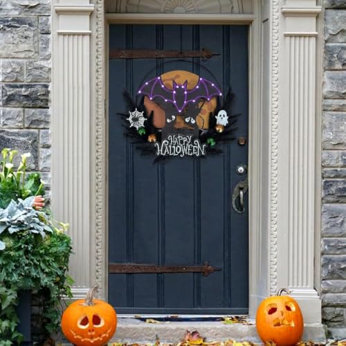 Pre-Lit Halloween Wreath for Front Door with Bat Decoration, Lighted Witch, Timer Function