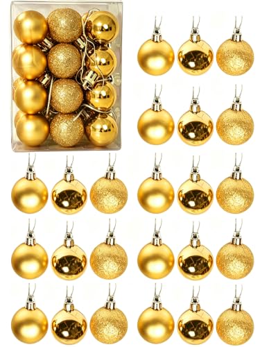 Mini Shatterproof Christmas Balls - Gold 24 Pack, 3cm Holiday Tree Ornaments with Hooks