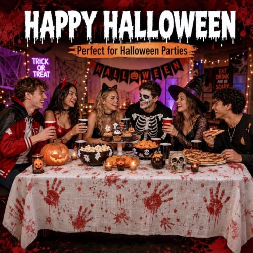 Large Bloody Handprint Halloween Tablecloth - Creepy Fake Blood Stained Cover, 84.6 x 108.3 Inches